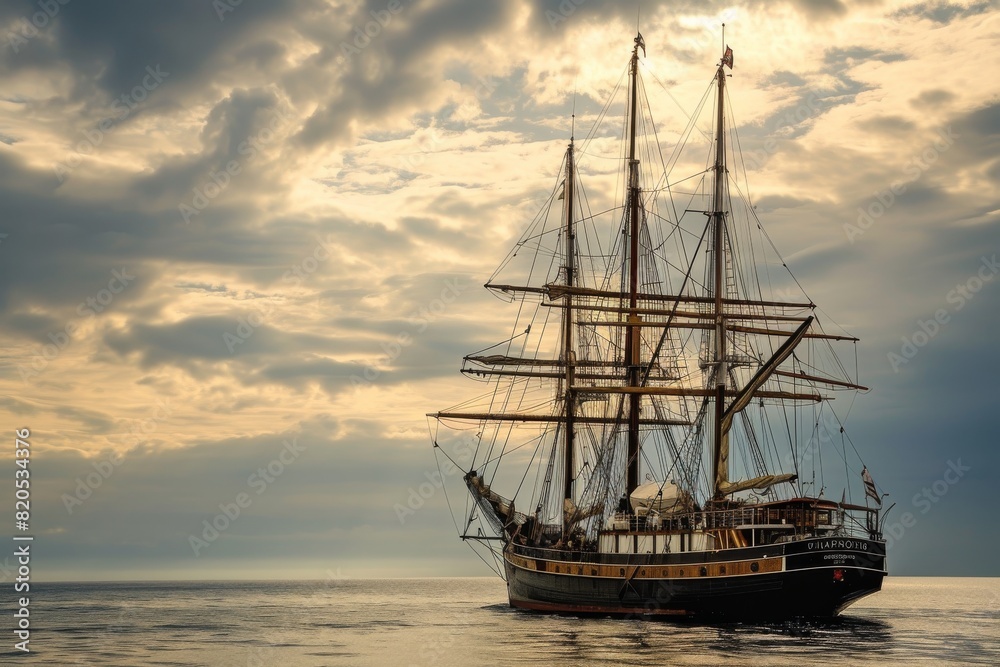 Tall Ship, Sailing ship on a calm ocean, digitally rendered illustration, AI generated