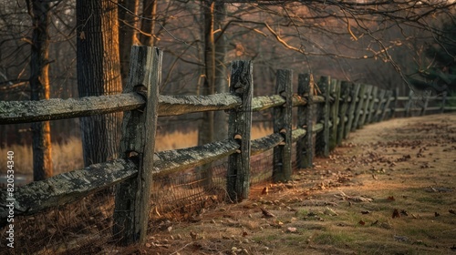 A rustic fence made of old wooden logs on the plot border. Generative AI