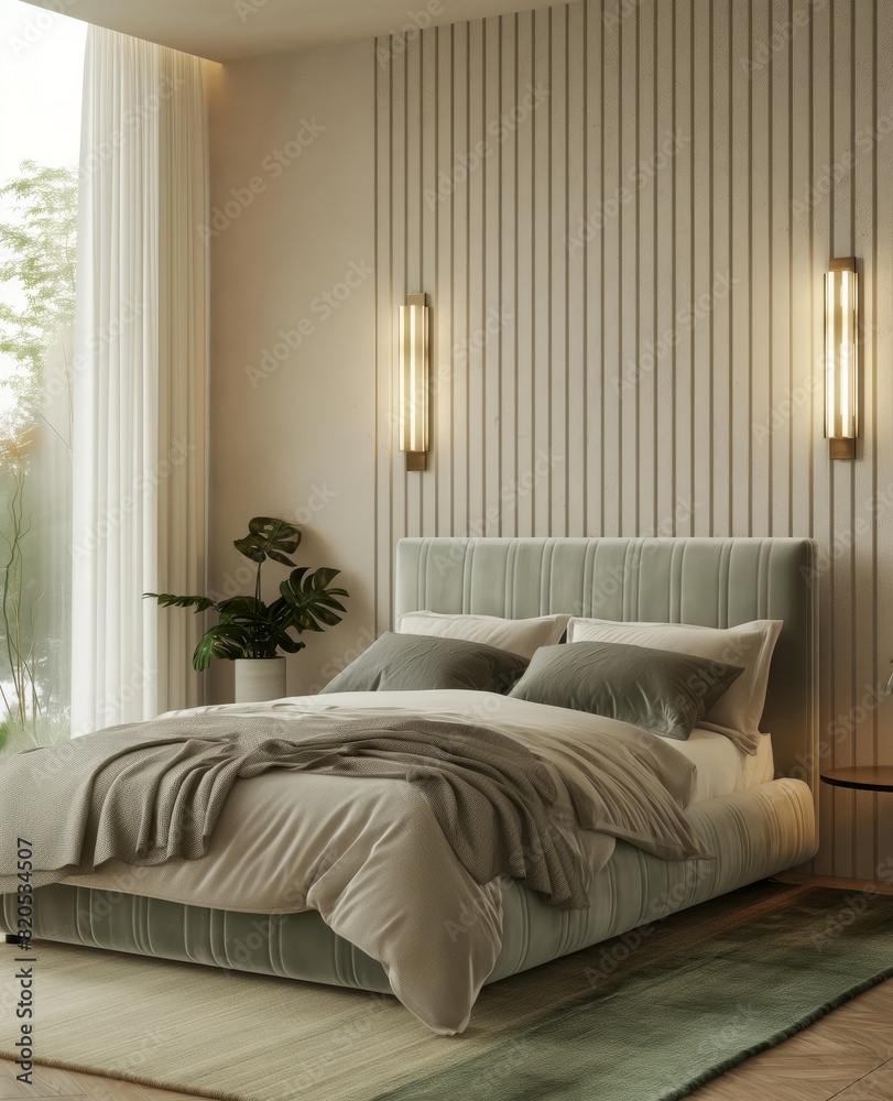 Fototapeta premium The interior of the bedroom is in light brown tones, Scandinavian style.