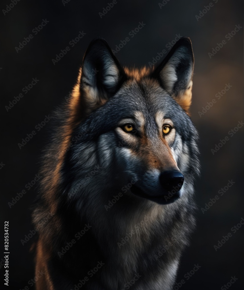 Fototapeta premium Portrait of wolf on dark background. Polar wolf.