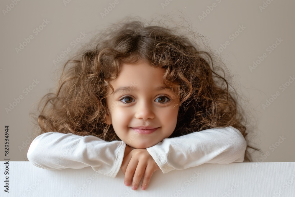 A little girl with dark, curly hair holds an empty painting in her hands, A little girl with dark, curly hair holds an empty painting in her hands,