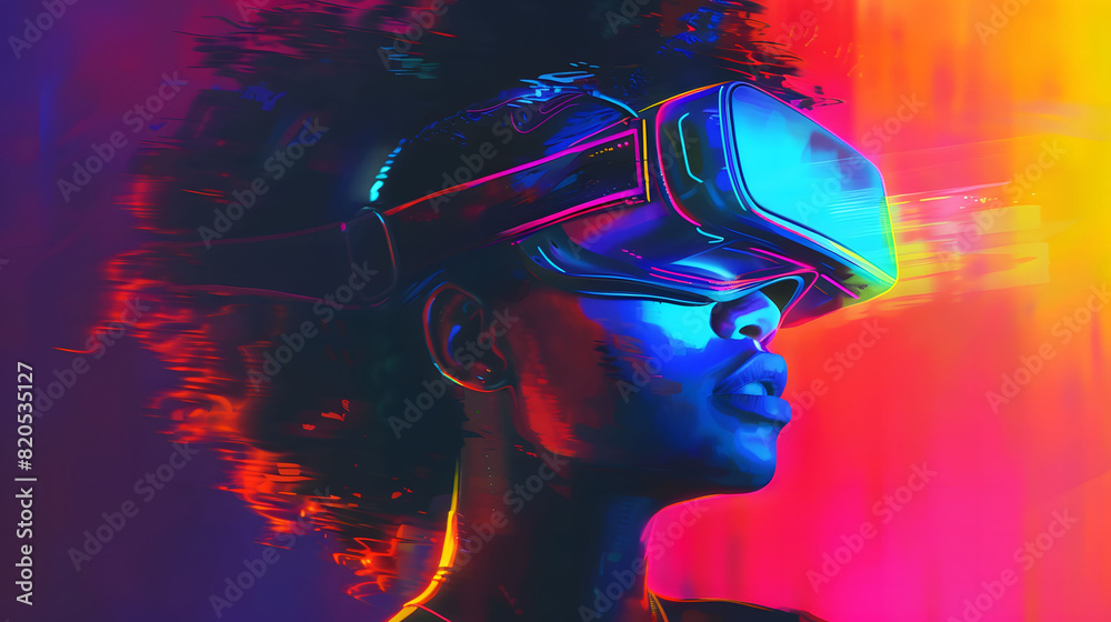 A futuristic VR experience rendered in a striking color palette, with vibrant backgrounds set against a dark, ominous backdrop. A futuristic VR experience rendered in a striking color palette, with vibrant backgrounds set against a dark, ominous backdrop.