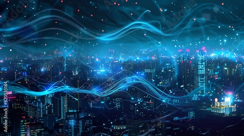 Smart city and big data connection technology concept with digital blue wavy wires with antennas on night megapolis city skyline background double exposure : Generative AI photo