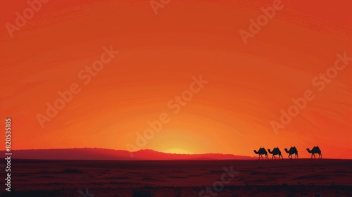 Group of Camels Walking Across Desert at Sunset