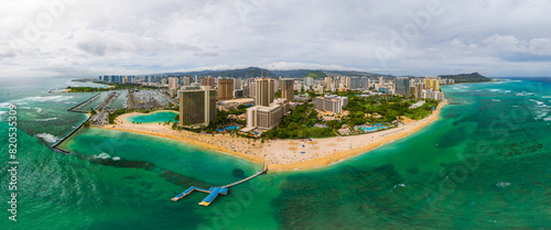 Aerial panoramic shot of Waikiki Beach in Honolulu 