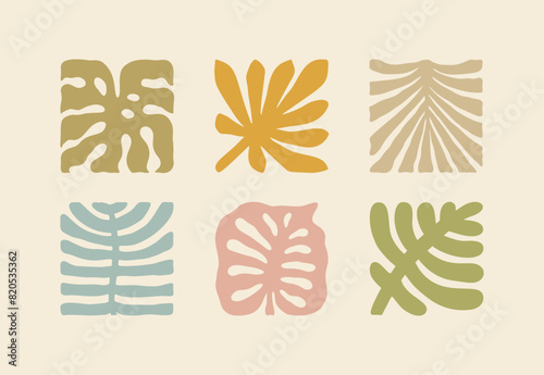 Palm Tree Leaves Boho Nature Illustration Set. Groovy Geometric Summer Palm Leaf. Vector Summer Abstract Square Tropical Icons in Freehand Retro Style for Logo, Print, Pattern, Poster, Web Design