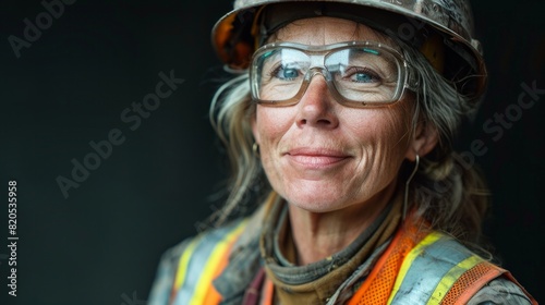 A woman wearing a hard hat and safety glasses is smiling
