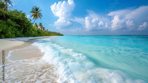 Panorama of a beautiful white sand beach and turquoise water in Maldives Holiday summer beach background Wave of the sea on the sand beach : Generative AI