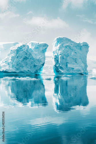 A tranquil icy landscape with icebergs in clean white and blue color tone.  © grey