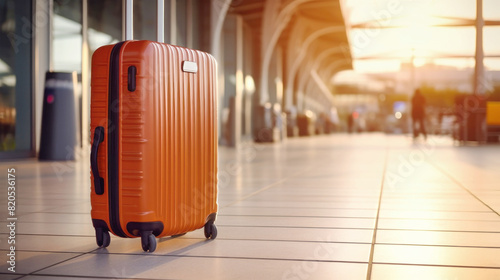 An orange suitcase adds a pop of color as it sits on a tiled floor, ready to embark on its next journey