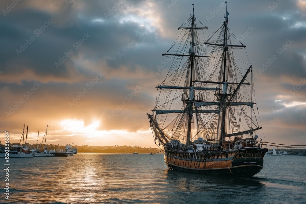 Tall Ship, Sailing ship on a calm ocean, digitally rendered illustration, AI generated