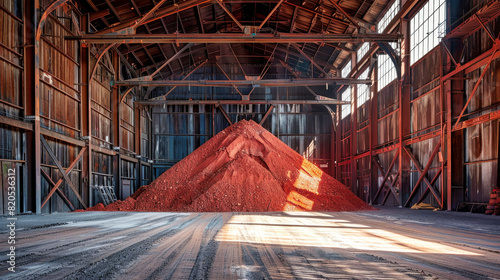 A towering heap of vibrant red dirt fills the warehouse, awaiting processing for potent potash fertilizers photo