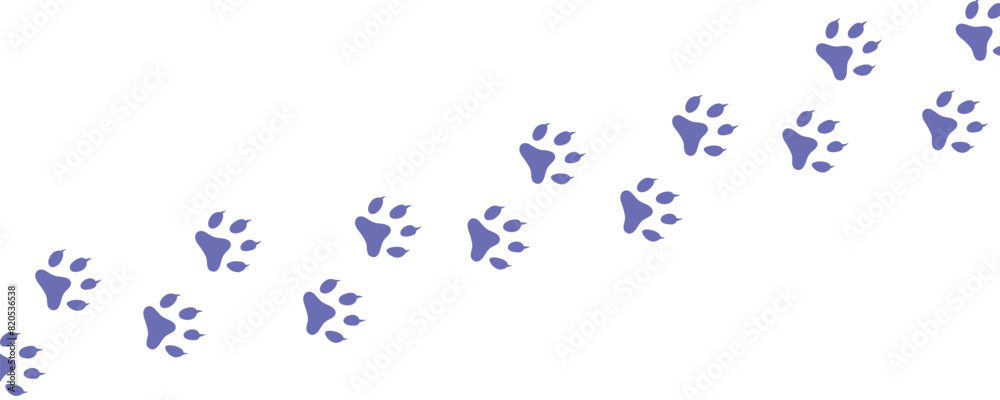 Dog paw print set. Paw foot trail print of animal. Vector