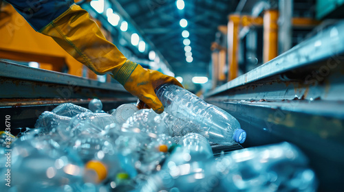 At a waste recycling plant, a worker carefully places plastic bottles onto a conveyor belt for sorting and recycling photo