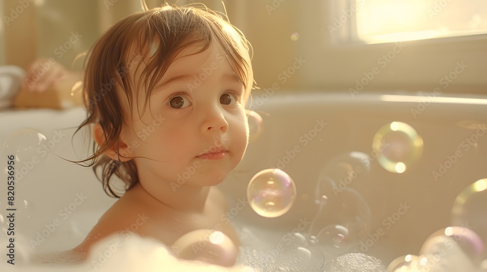 Captivated Toddler Enchanted by Floating Soap Bubbles in Peaceful Bathtub Setting Captivated Toddler Enchanted by Floating Soap Bubbles in Peaceful Bathtub Setting