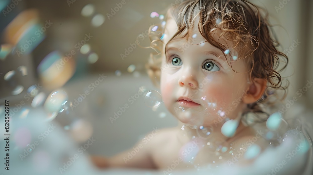 Curious Toddler Mesmerized by Floating Soap Bubbles in Bathtub,Dreamlike Soft-Focused Photography Curious Toddler Mesmerized by Floating Soap Bubbles in Bathtub,Dreamlike Soft-Focused Photography