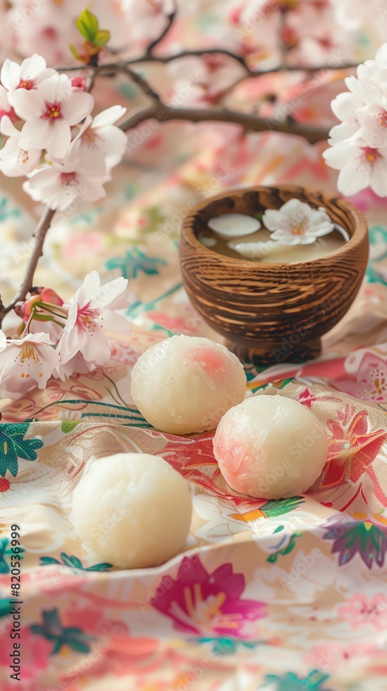 A festive scene of mochi rice cakes on a colorful, patterned cloth, surrounded by cherry blossoms and a small wooden sake cup A festive scene of mochi rice cakes on a colorful, patterned cloth, surrounded by cherry blossoms and a small wooden sake cup
