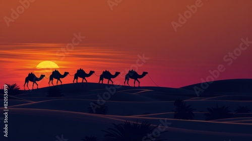 Group of Camels Walking Across Desert at Sunset