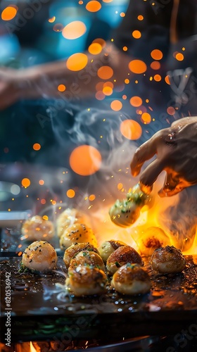 A dynamic street food scene with takoyaki balls being turned on a hot, circular takoyaki grill, captured with vibrant street lights in the background © peeradol