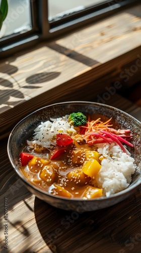 A homestyle Japanese curry dish served in a ceramic bowl, with rice and pickled vegetables, in a simple, homey kitchen setting