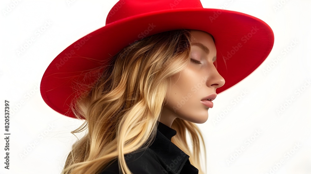 Striking Red Wide-Brimmed Hat Worn by Elegant Young Blonde Woman Striking Red Wide-Brimmed Hat Worn by Elegant Young Blonde Woman