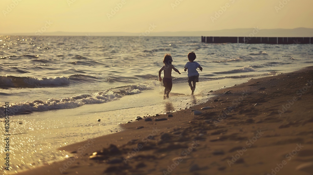 Naklejka premium Two children running toward the water at a beach at dusk : Generative AI