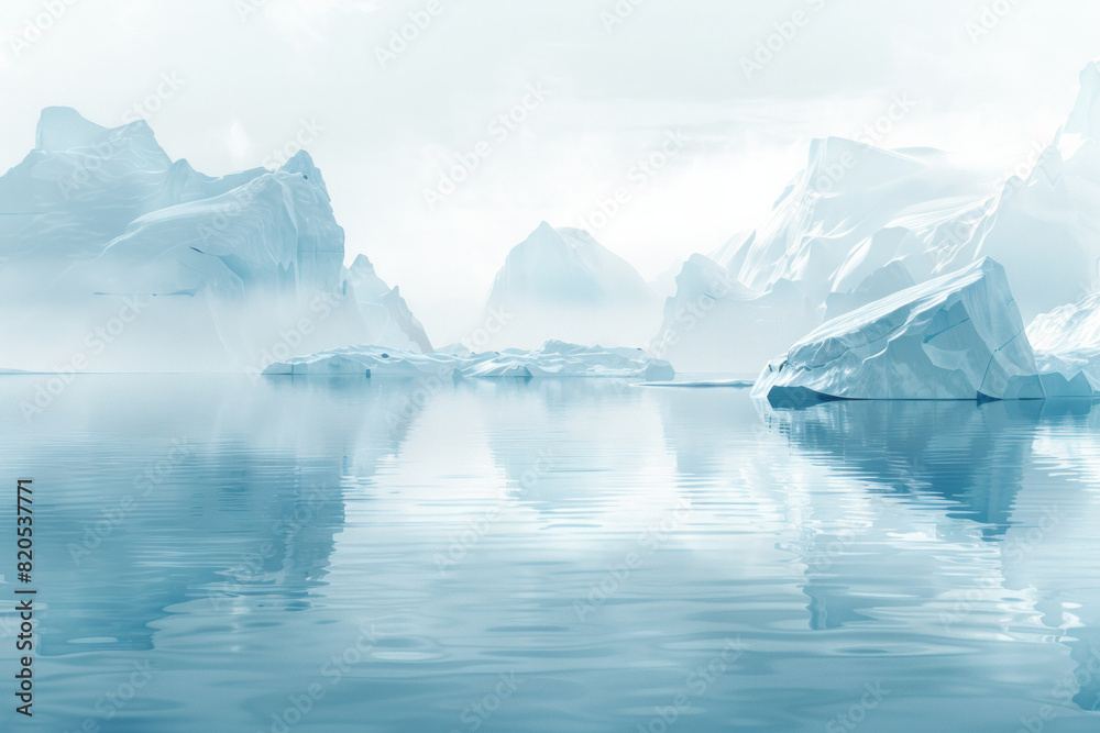 A tranquil icy landscape with icebergs in clean white and blue color tone. 