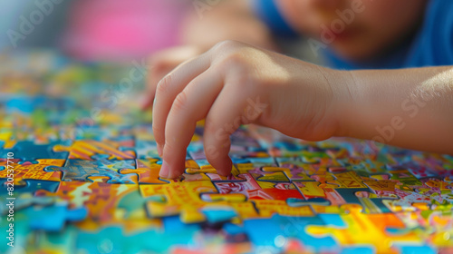 a child s hand is holding a puzzle  the details of the tiny hand and the colorful puzzle pieces are clearly visible  Ai Generated Images