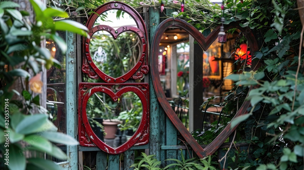 Hidden garden alcove: Heart-shaped mirrors reflecting love and laughter on Valentine's day.