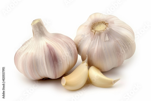 Garlic bulb and clove isolated. Garlic bulbs with cloves on white background. White garlic bulb composition.