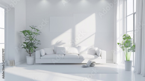 A white living room with a white couch and a potted plant