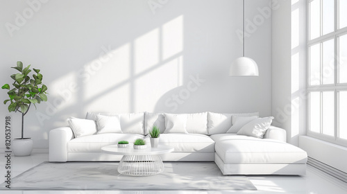 A white living room with a white couch and a white coffee table