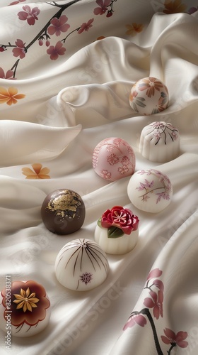 An elegant display of Japanese confectionery wagashi  featuring seasonal motifs  set against a backdrop of silk fabric with subtle floral patterns