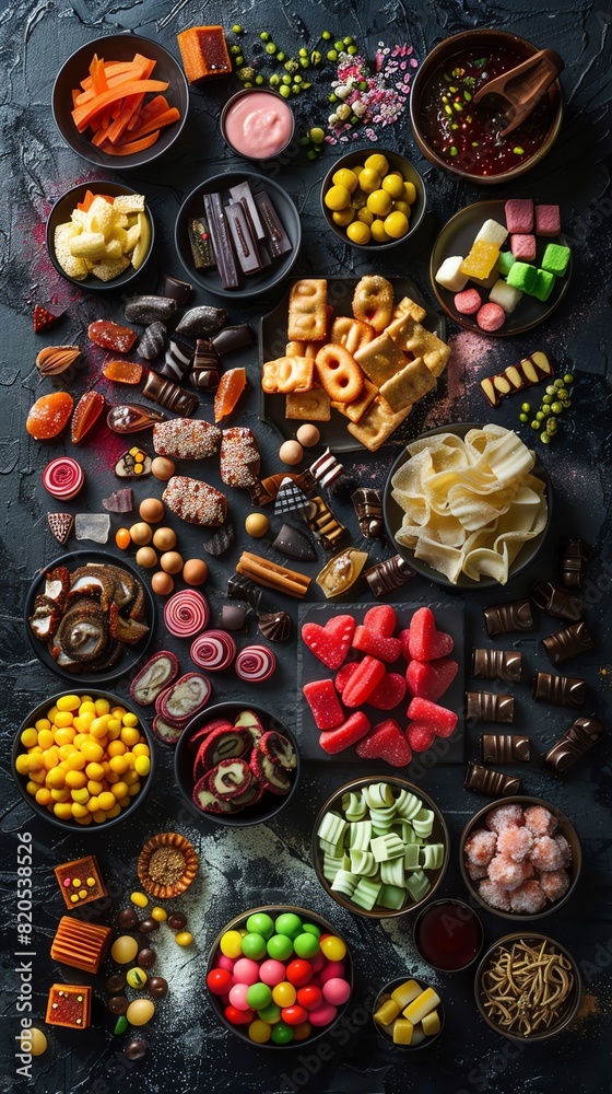 An overhead layout of various Japanese snacks and candies spread out on a dark textured surface, creating a tapestry of flavors and colors