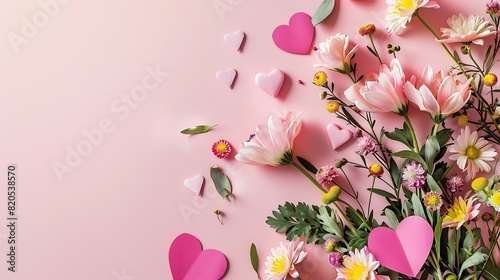 Bouquet of beautiful spring flowers and paper hearts on pastel pink table for Happy mothers day Flat lay   Generative AI