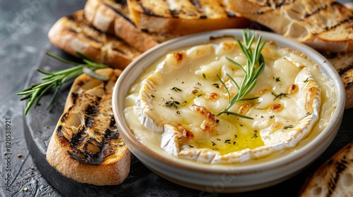Perfectly baked camembert cheese, soft and creamy inside, with crunchy baguette slices and grilled toasts, isolated background, studio lighting