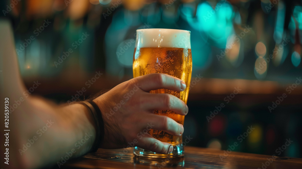 a man's hand holding a glass of beer, the details of the muscular fingers and the misty beer glass are clearly visible, Ai Generated Images
