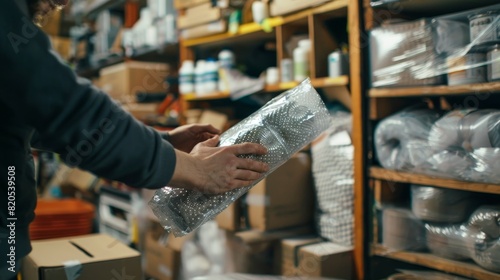 Hands wrapping a package with bubble wrap, shelves filled with various products in the background, raw industrial setting photo