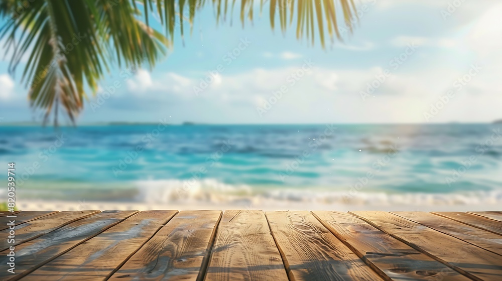Fototapeta premium Top of wood table with seascape and palm tree blur bokeh light of calm sea and sky at tropical beach background Empty ready for your product display montage summer vacation background : Generative AI