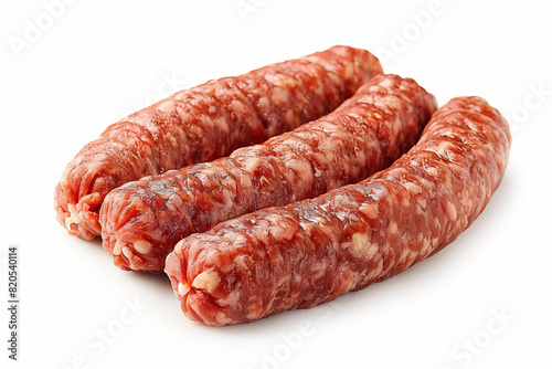 Fresh raw beef sausages, isolated on white background.