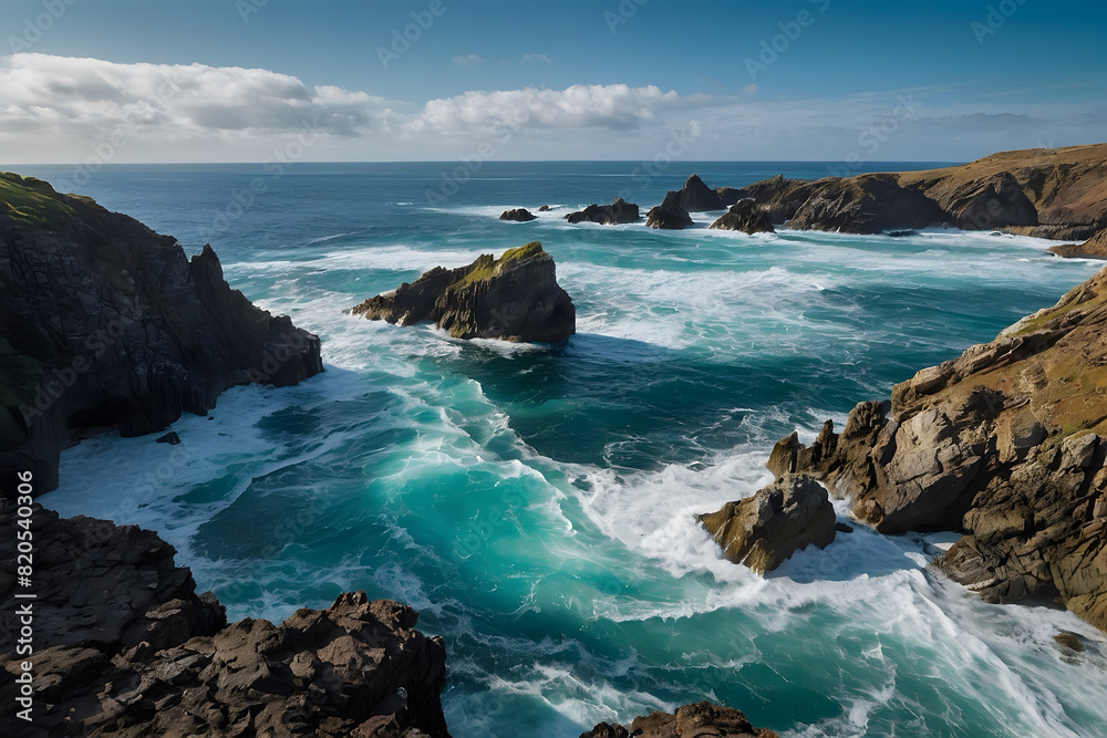 A landscape of a rocky coastline and the ocean