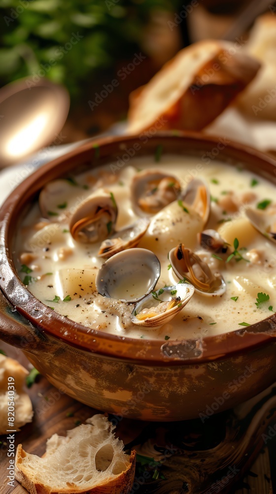 Clam chowder, creamy and loaded with potatoes and clams, cozy New England seafood shack