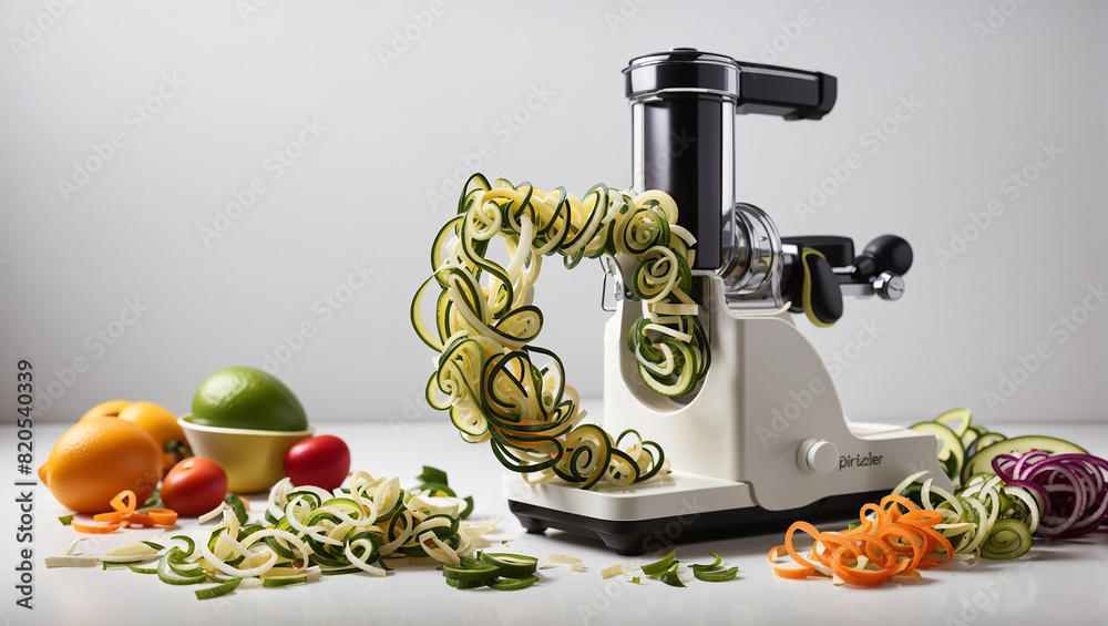 A white and gray vegetable spiralizer with a green zucchini being spiralized into a pile of zucchini noodles