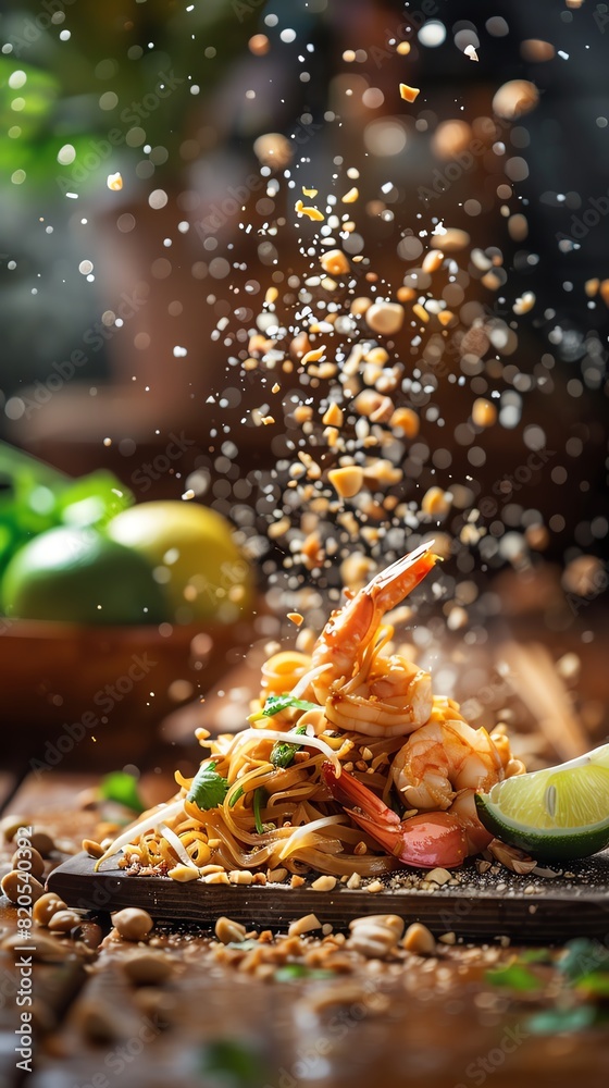Closeup of Pad Thai, fresh shrimp and tamarind sauce, garnished with crushed peanuts and lime wedges, traditional Thai street market background Closeup of Pad Thai, fresh shrimp and tamarind sauce, garnished with crushed peanuts and lime wedges, traditional Thai street market background