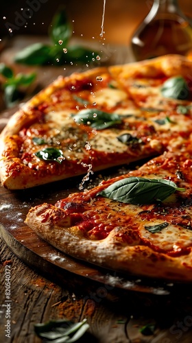 Closeup of a classic Margherita pizza  fresh basil and melted mozzarella cheese  vibrant tomato sauce  rustic Italian pizzeria background
