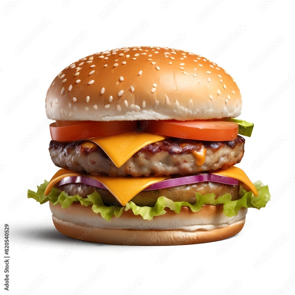 Classic burger with beef cutlet vegetables and onions isolated on a white background Classic burger with beef cutlet vegetables and onions isolated on a white background