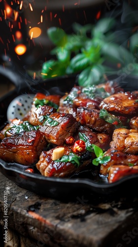 Crispy pork belly with Thai basil, sizzling hot on a cast iron skillet, street market with glowing lanterns