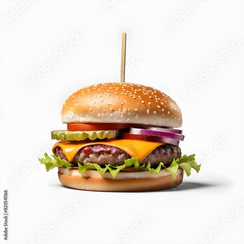 Classic burger with beef cutlet vegetables and onions isolated on a white background