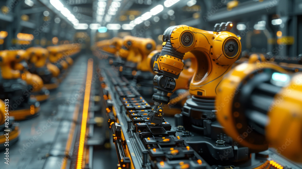 Control unit directs robotic arms in a logistics setting, orchestrating product placement on conveyor belts.generative ai Control unit directs robotic arms in a logistics setting, orchestrating product placement on conveyor belts.generative ai