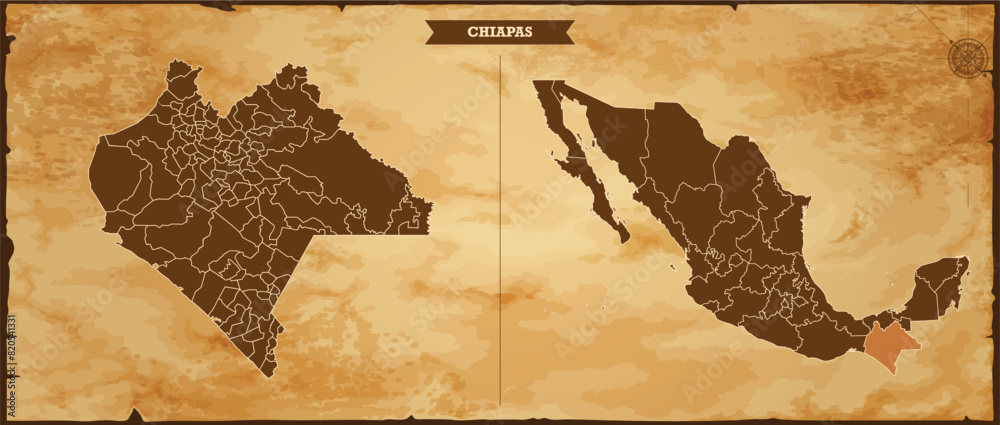Chiapas state map, Mexico map with federal states in A vintage map ...